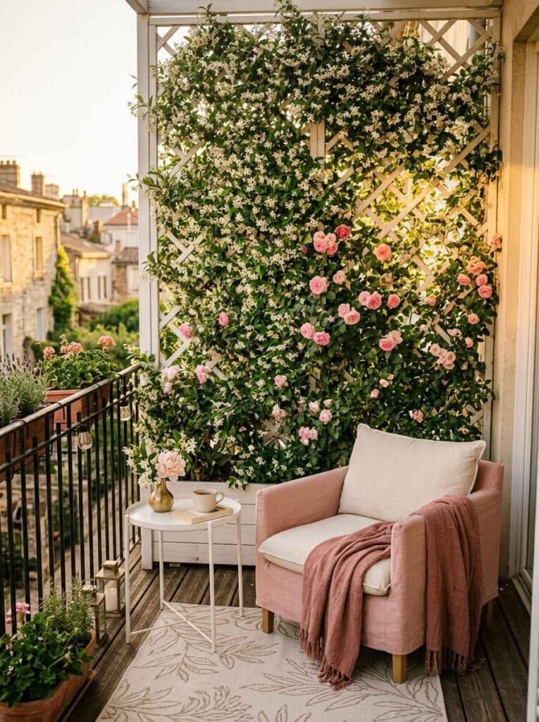 White wooden trellis covered in climbing jasmine and pink roses creating a lush natural screen on a balcony.