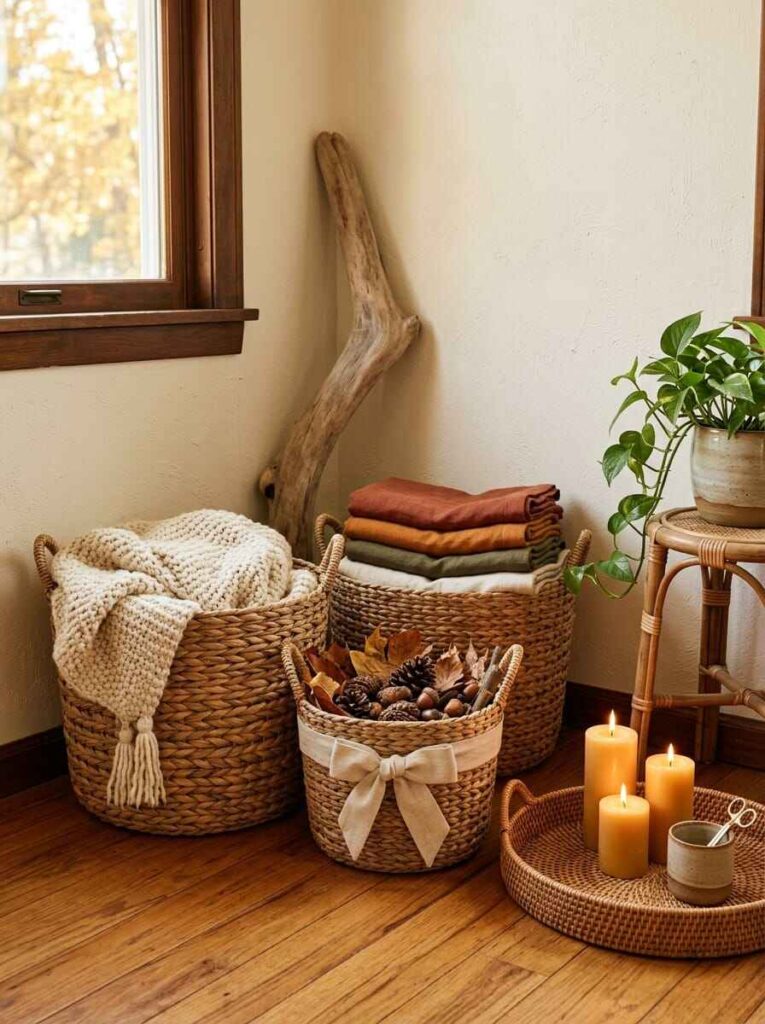 Natural woven baskets filled with knit throw blankets, pinecones, acorns, and glowing pillar candles on a rattan tray.