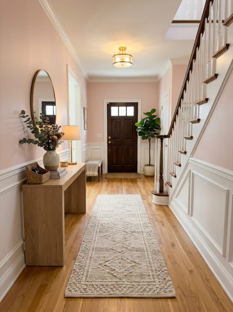 Textured woven runner rug defining a narrow entryway space along a blush pink wall with console.