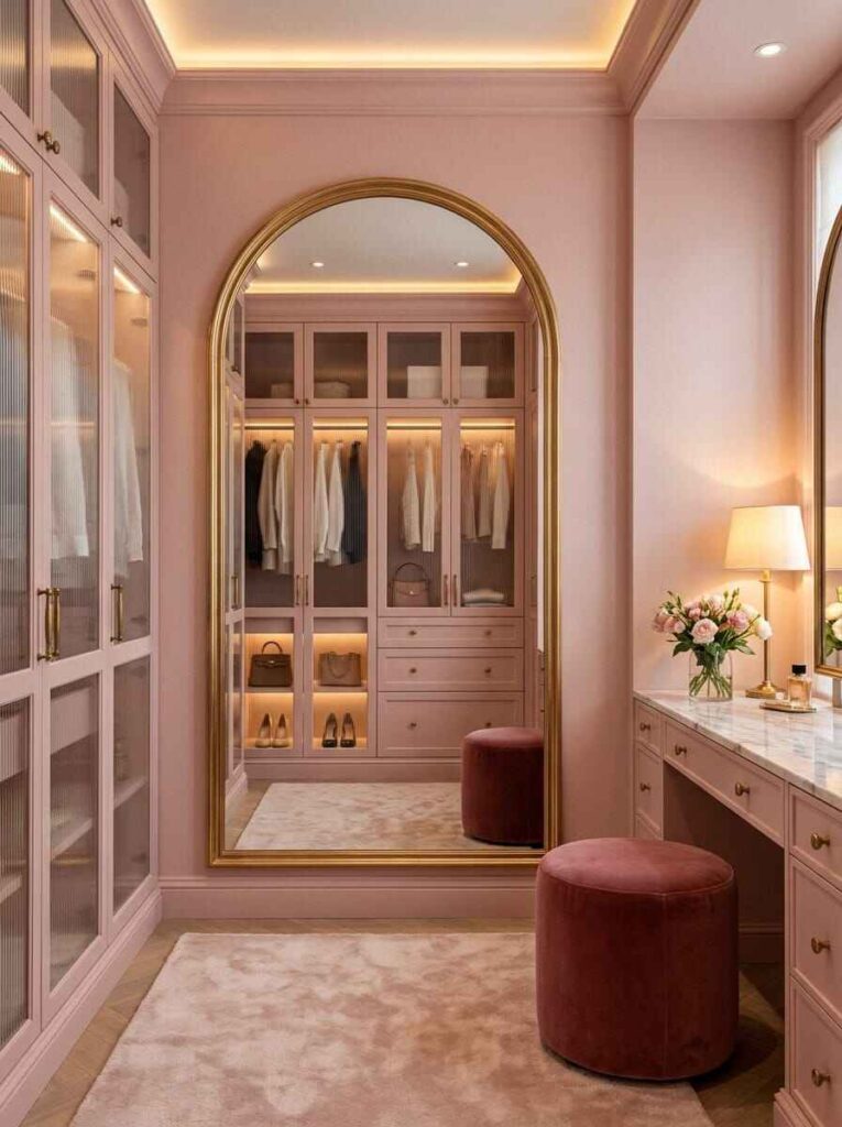 Elegant walk-in closet featuring an arched gold full-length mirror, fluted glass wardrobes, and a blush vanity station.