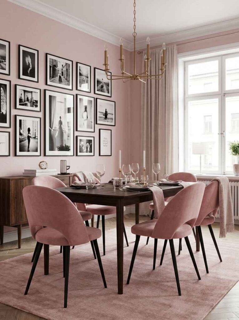 Modern dining room with a dark wood table, pink velvet chairs, and a full grid gallery wall of black-and-white photography prints.