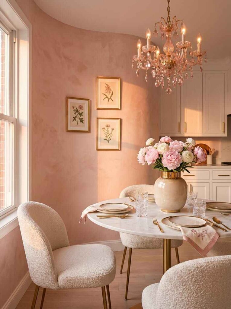 Textured blush pink accent wall behind a round marble kitchen dining table with pink crystal chandelier and bouclé chairs.