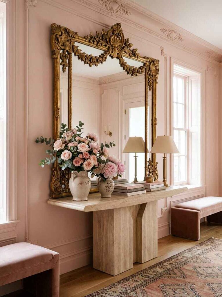 Grand Parisian-style entryway with soft blush pink walls, ornate gilded mirror, and travertine console table.