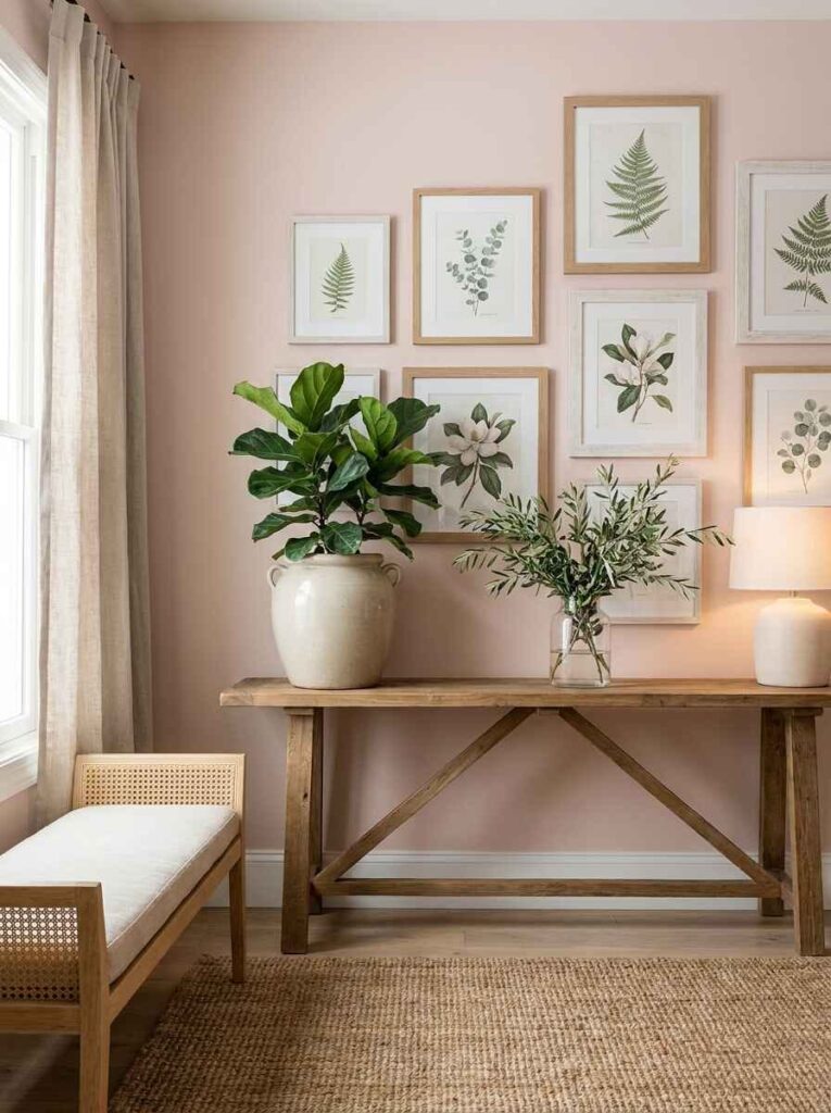 Light-filled entryway featuring a rustic wooden console table, woven bench, potted plants, and eight framed botanical fern prints.