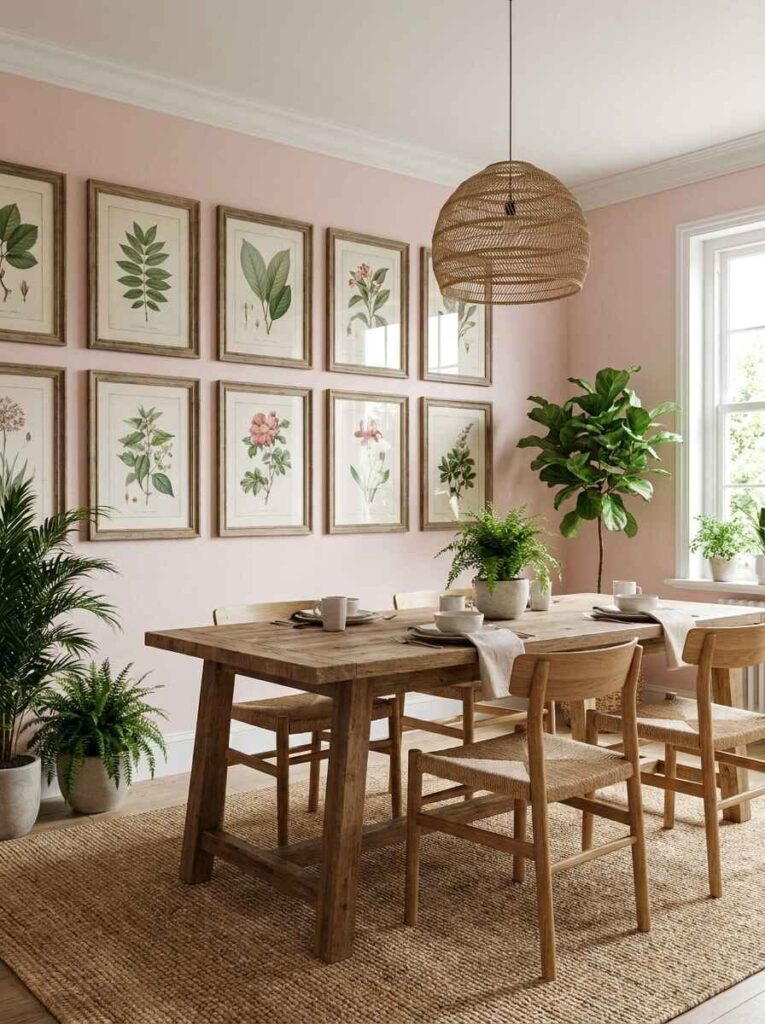 Rustic wood dining table beneath a woven pendant light with an eight-piece grid of framed botanical plant illustrations.
