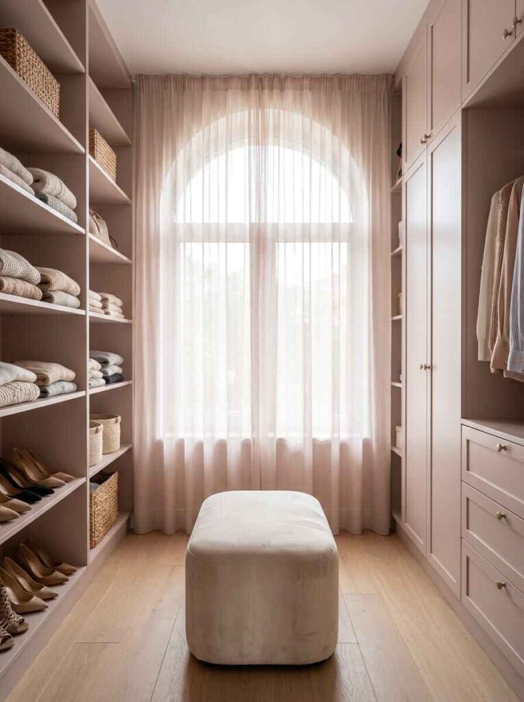 Bright and airy walk-in closet with sheer curtains over an arched window, open shelving, drawers, and an upholstered ottoman. Walk-In Closet Ideas
