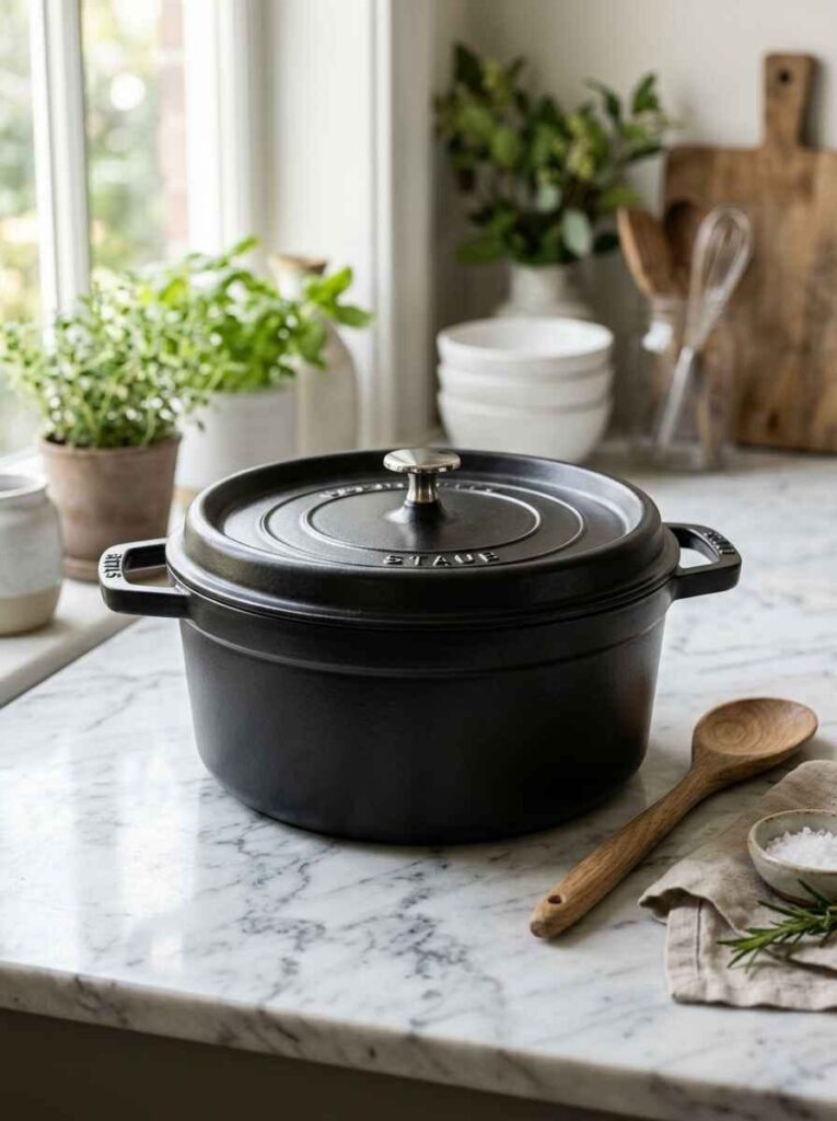 Heavy-duty matte black cast iron Dutch oven with fitted lid and stainless steel knob on a marble kitchen counter.