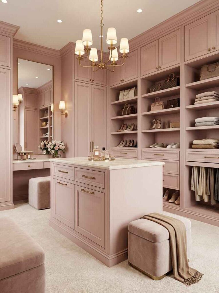 Spacious dusty rose walk-in closet featuring a central storage island with marble top, brass chandelier, and built-in vanity.