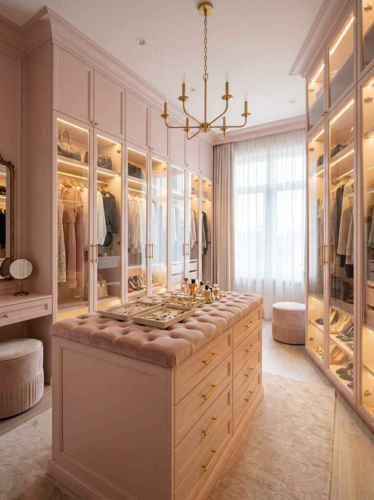 Spacious blush pink walk-in closet with a central storage island topped by a tufted velvet bench, brass chandelier, and glass display wardrobes.