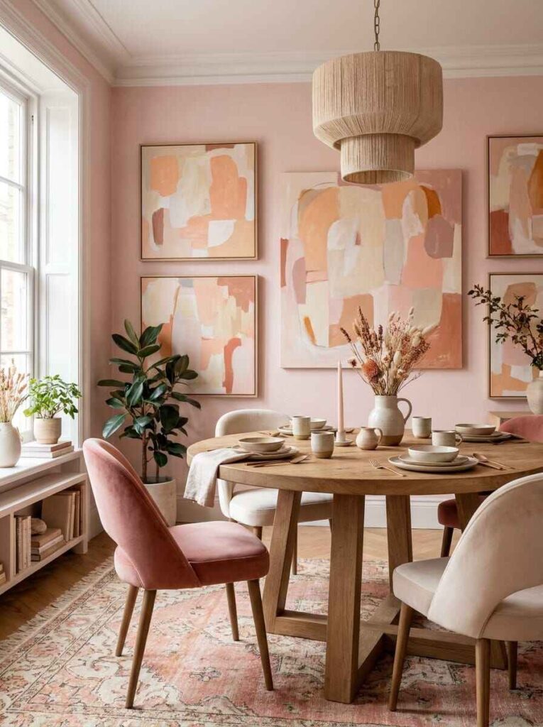 Warm dining room with a round oak table, pink velvet chairs, and a cluster of four colorful abstract art prints on the wall.