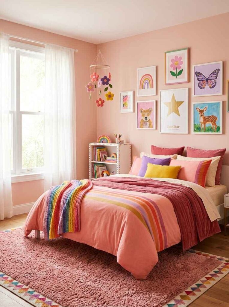 Cheerful colorful kids bedroom with rainbow striped bedding, hanging flower mobile, framed animal prints, and pink rug.