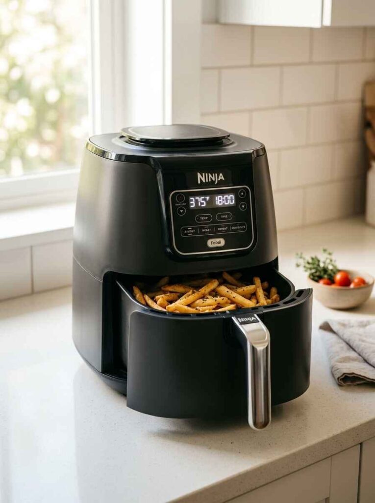 Matte black digital air fryer on a white countertop with an open basket filled with freshly cooked crispy french fries.