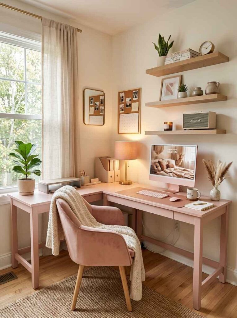 L-shaped pink corner office desk setup with wooden floating wall shelves, cork board, computer monitor, and jute rug.