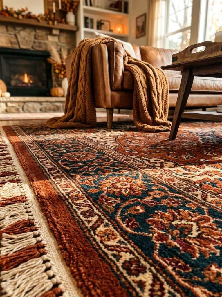 Detailed view of a thick wool vintage area rug in rust, navy, and cream tones layered before a living room fireplace.