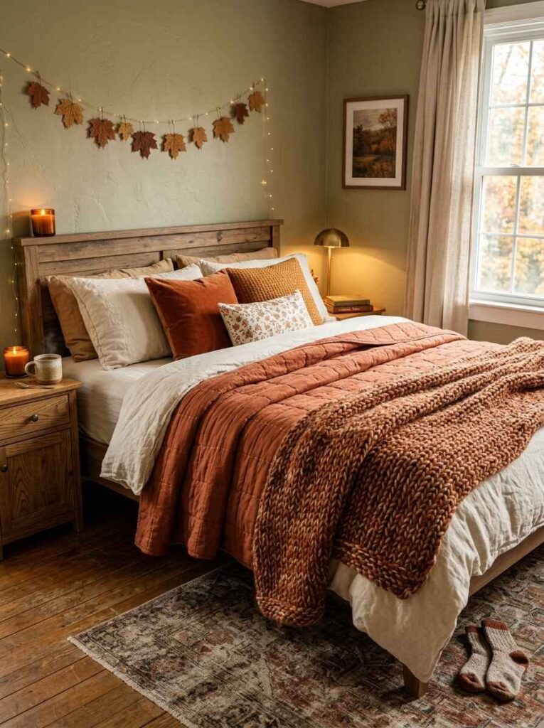 Sage green bedroom featuring layered fall bedding with a rust-colored quilt, chunky knit throw, and linen pillows.