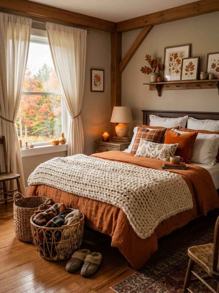 Cozy autumn bedroom corner styled with woven storage baskets, cozy slippers, layered blankets, and a floating wall shelf.