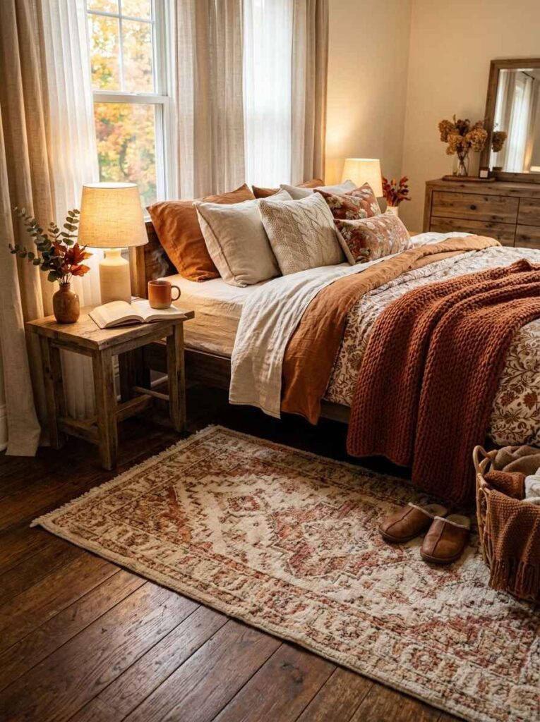 Vintage patterned area rug in rust and cream tones placed beside a cozy wooden bed with leather slippers.