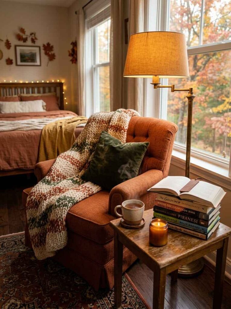Fall bedroom reading nook featuring an orange tufted armchair, brass floor lamp, chunky knitted blanket, and autumn window view.