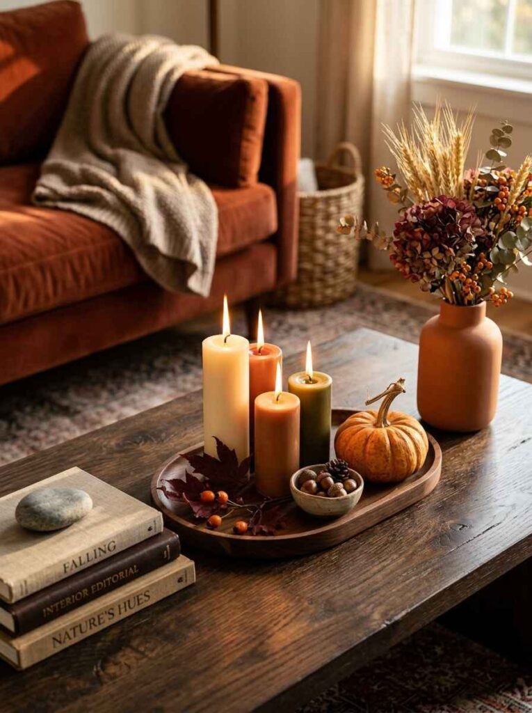 Wooden coffee table tray styled with pillar candles, a mini orange pumpkin, a bowl of acorns, and dried wheat stems.