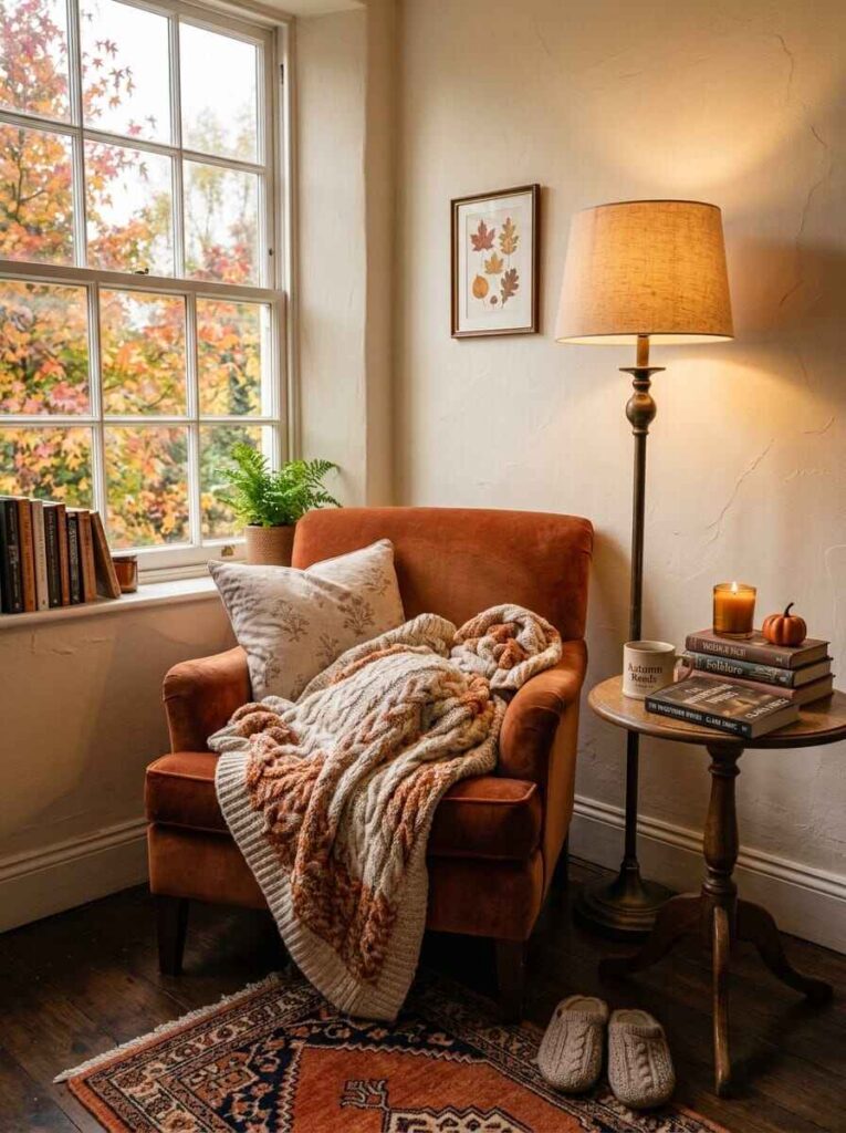 Cozy autumn reading corner featuring a rust velvet armchair, chunky cable throw blanket, warm floor lamp, and autumn window view.