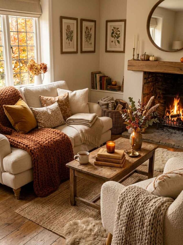 Living room sofa layered with a chunky rust-orange knit throw blanket beside a glowing brick fireplace.