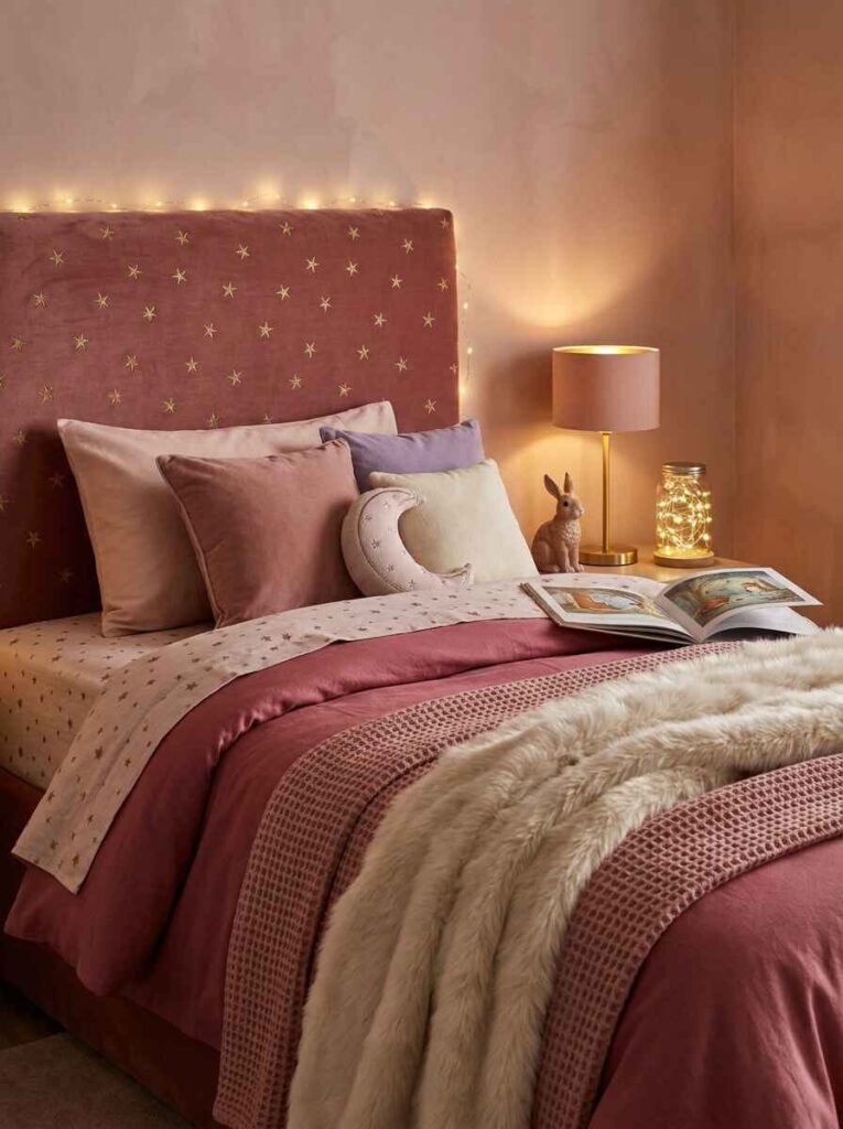 Cozy kids bed featuring a dusty rose velvet headboard with fairy lights, moon pillow, warm nightstand lamp, and waffle blanket.