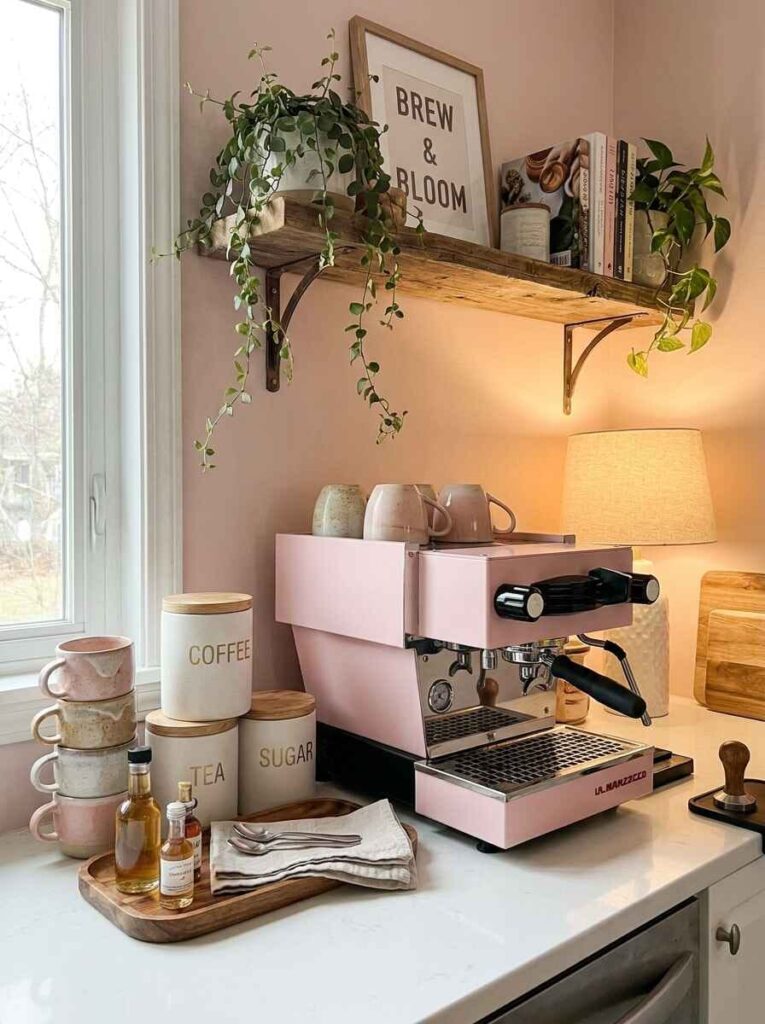 Pastel pink kitchen coffee station with a retro espresso machine, ceramic coffee and tea canisters, mugs, and open rustic shelf.