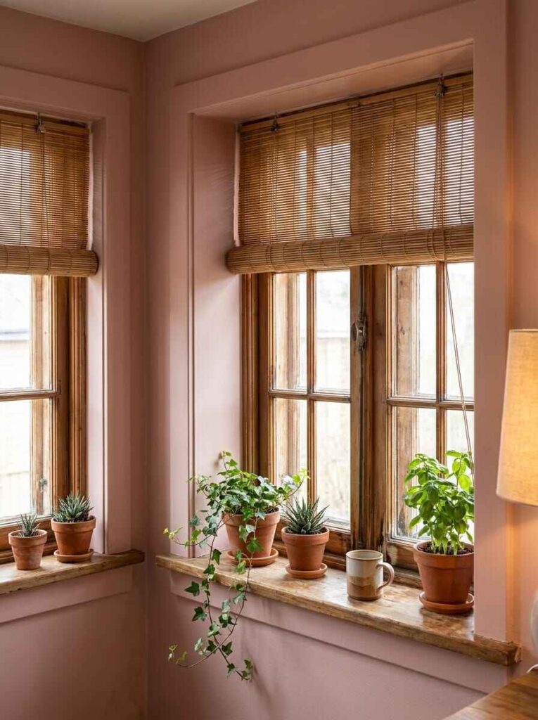 Cozy pink kitchen window sill with bamboo roll-up blinds, potted herbs, terra cotta planters, and a ceramic mug. (kitchen styling ideas)