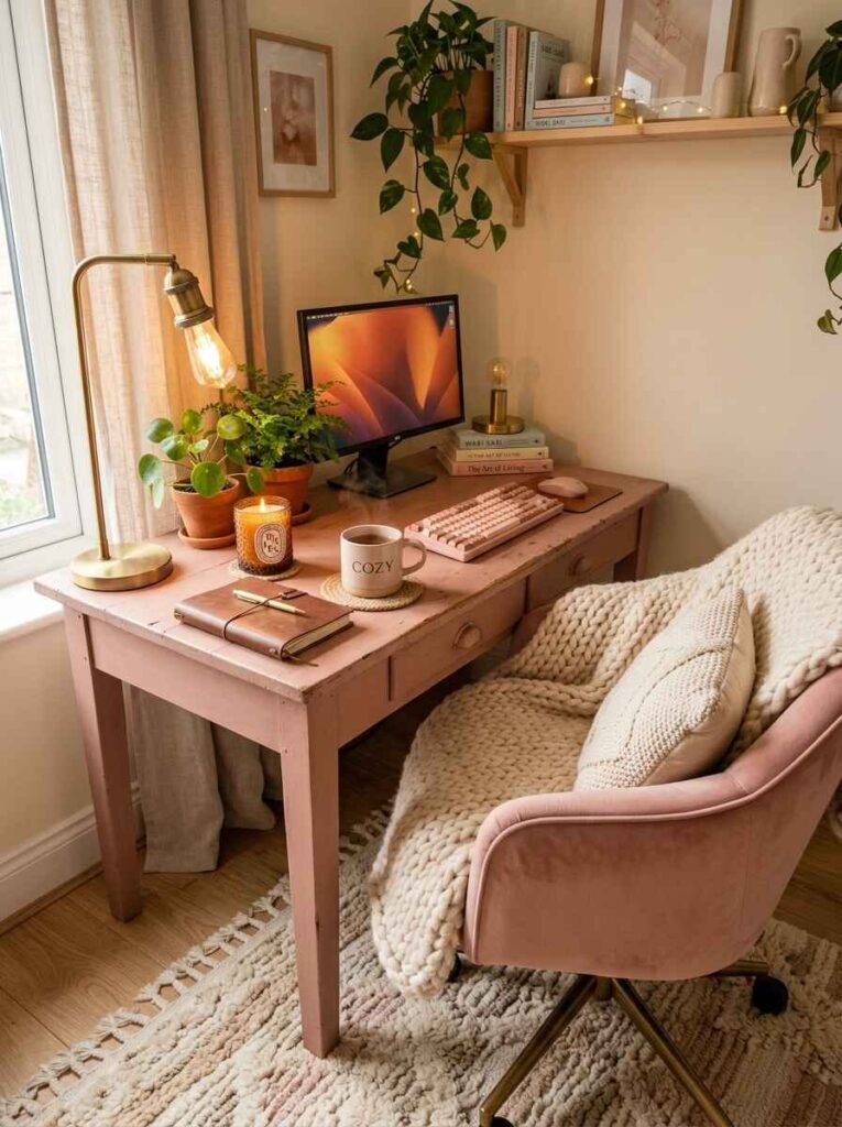 Cozy wooden office desk setup with warm glow task lamp, lit candle, chunky knit blanket on pink velvet chair, and plants.