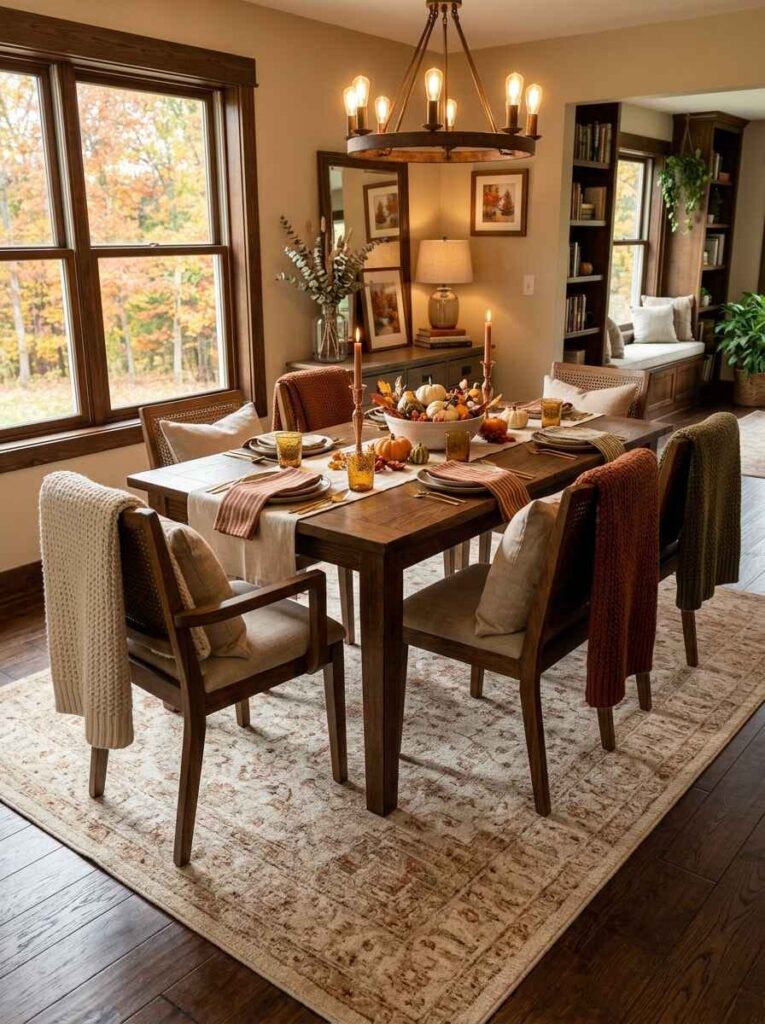 Neutral patterned area rug placed under a solid wood dining table set with cozy autumn textiles.