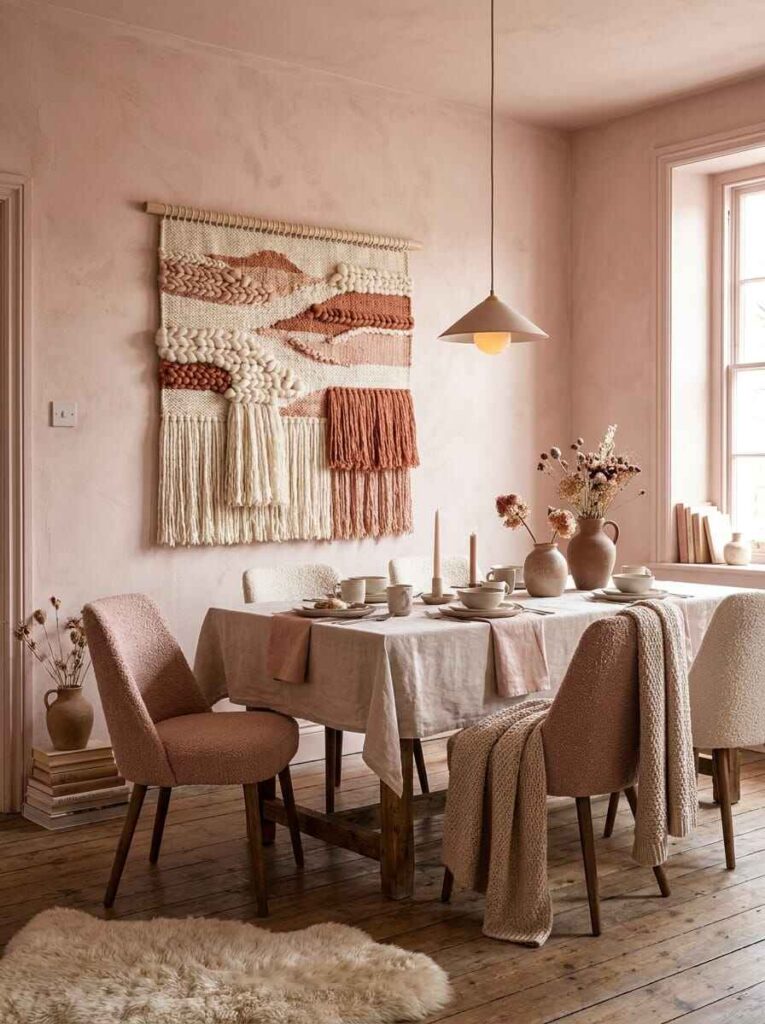 Cozy dining room with a large woven fiber textile wall hanging in warm terracotta and cream above a set dining table.