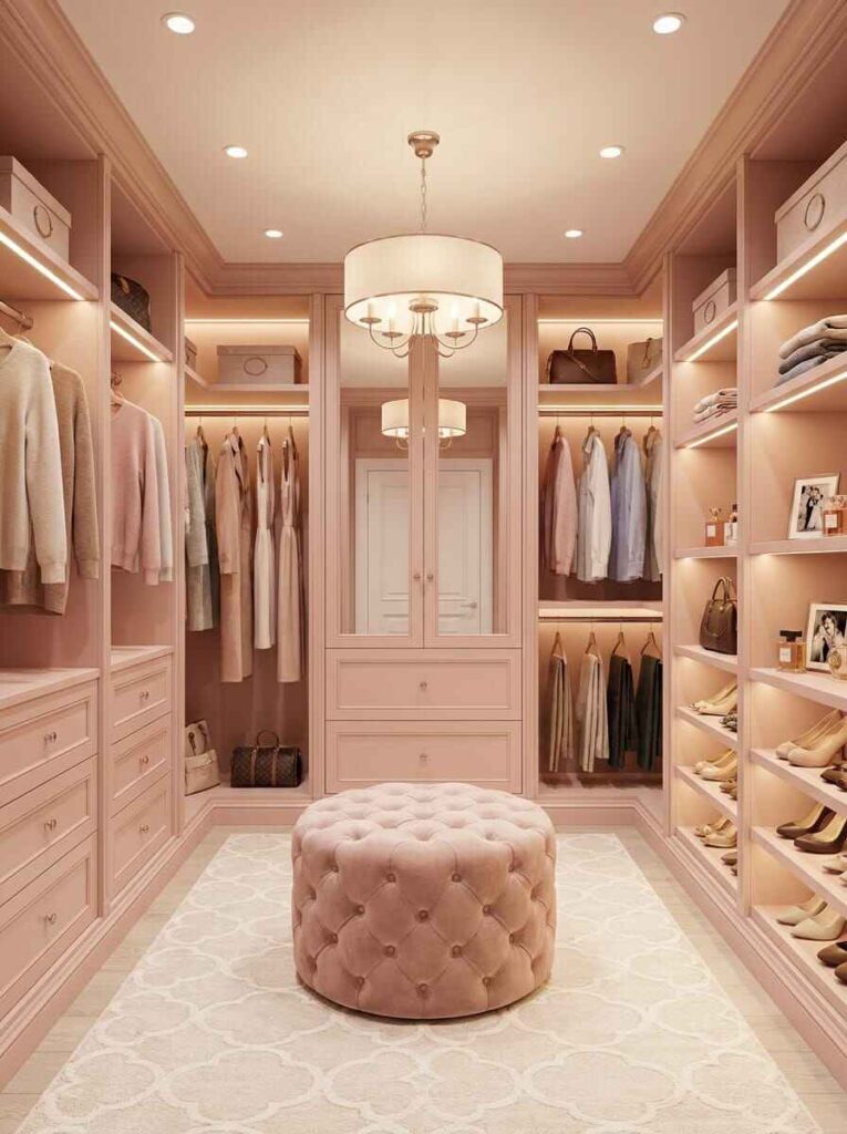 Symmetrical blush walk-in closet featuring a large round tufted velvet ottoman, drum chandelier, and backlit clothing wardrobes.