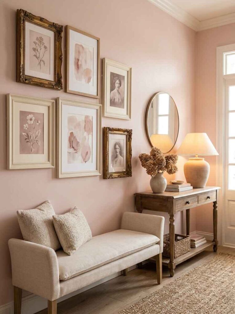 Curated entryway gallery wall with mixed vintage gold frames and botanical prints above an upholstered bench and console table.