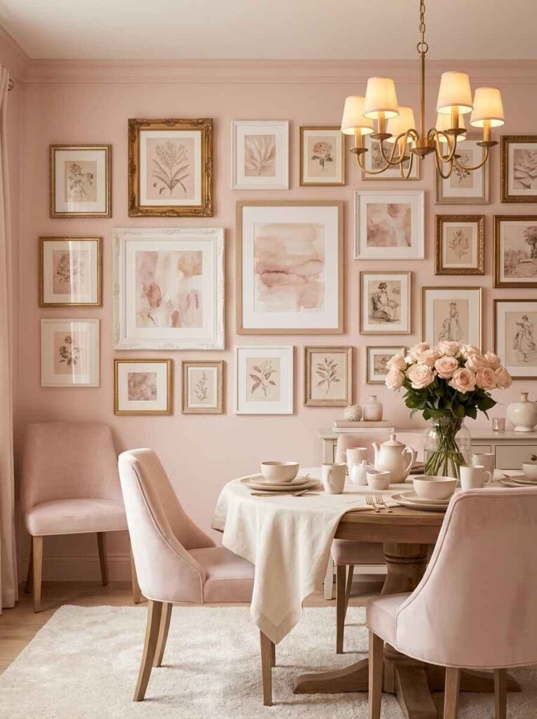 Formal pink dining room with an elegant multi-frame gallery wall, traditional chandelier, and linen-draped round table.