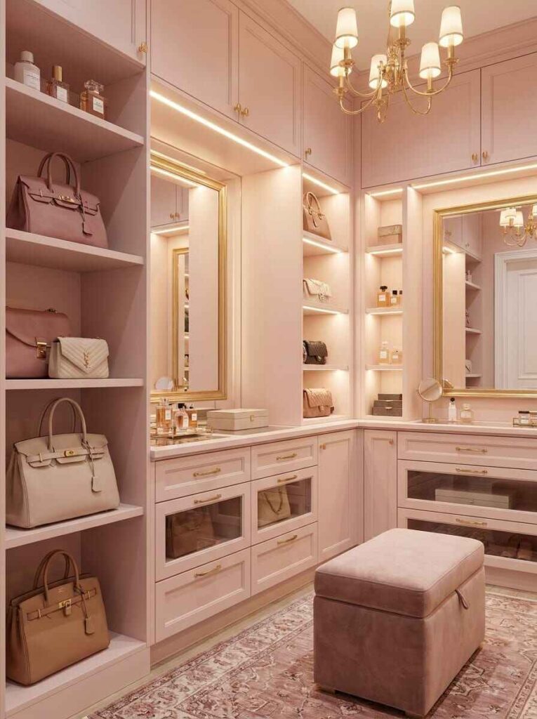 Elegant pink walk-in closet with dedicated handbag shelving, glass-front drawers, a tufted ottoman, and a vanity mirror.
