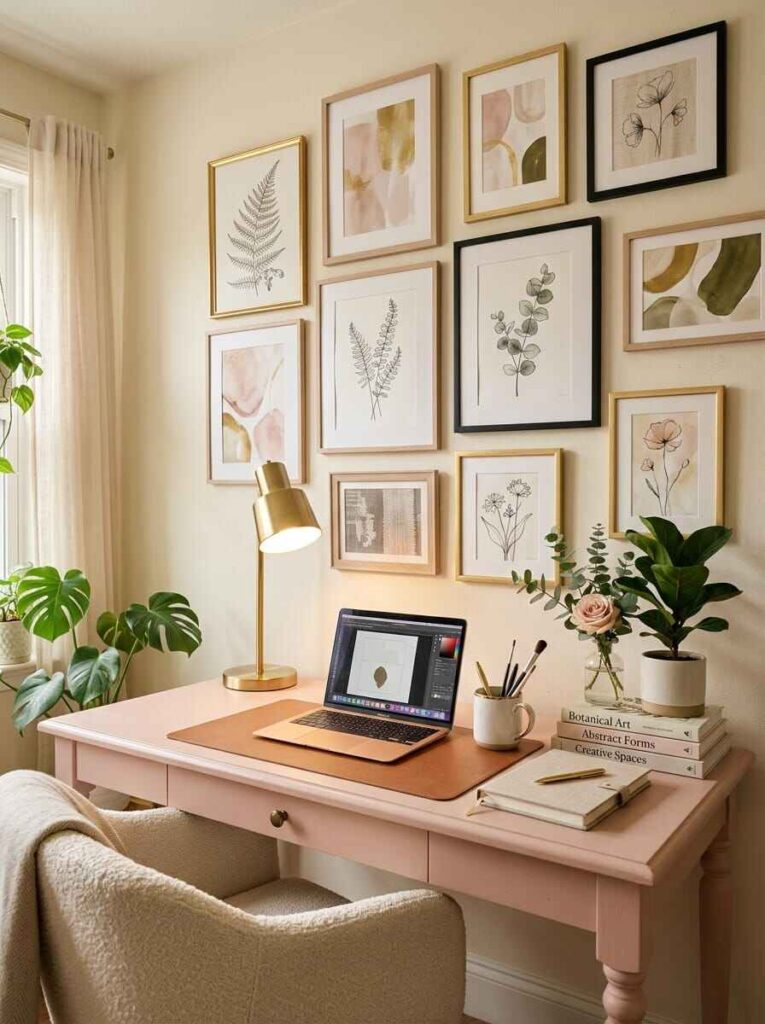 Warm pink home office desk framed by an elegant botanical and abstract framed gallery wall, brass task lamp, and potted greenery.