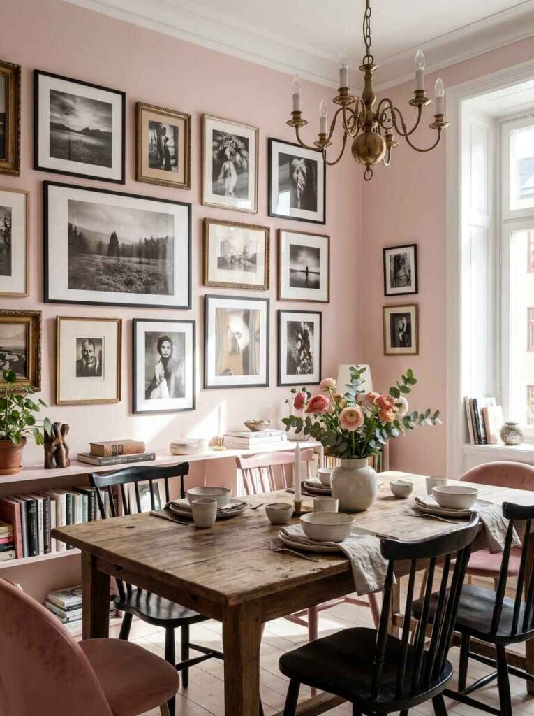 Pink dining room featuring an extensive black and gold framed wall art gallery above a rustic wooden table and bookshelf.