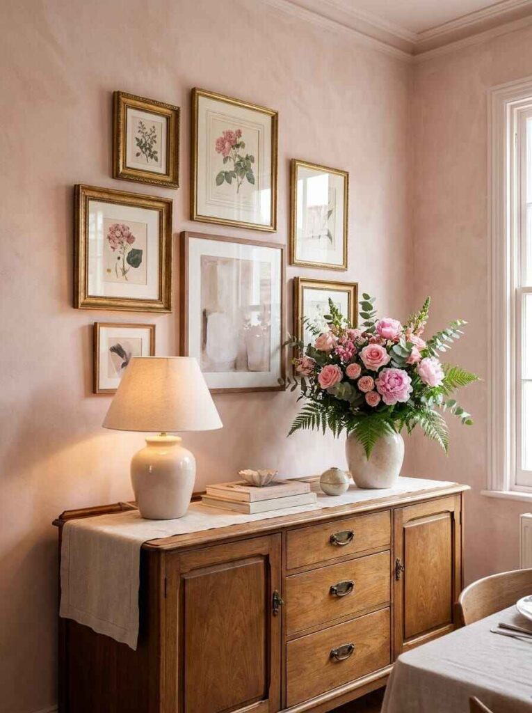 Vintage wood sideboard decorated with a table lamp, pink floral bouquet, and a gallery of gold-framed botanical prints on a pink wall.
