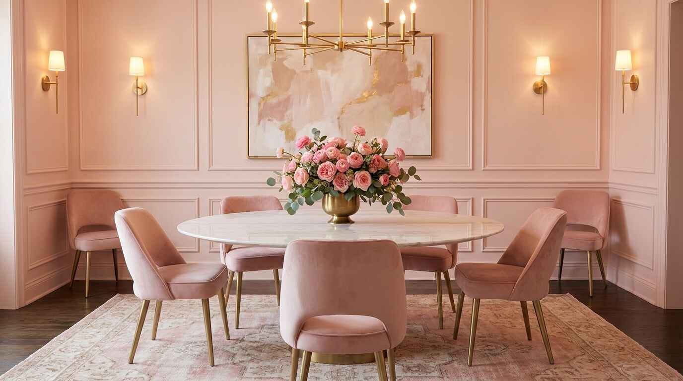 Elegant pink dining room with gold chandelier, marble table, velvet chairs, and a large horizontal abstract canvas art piece.