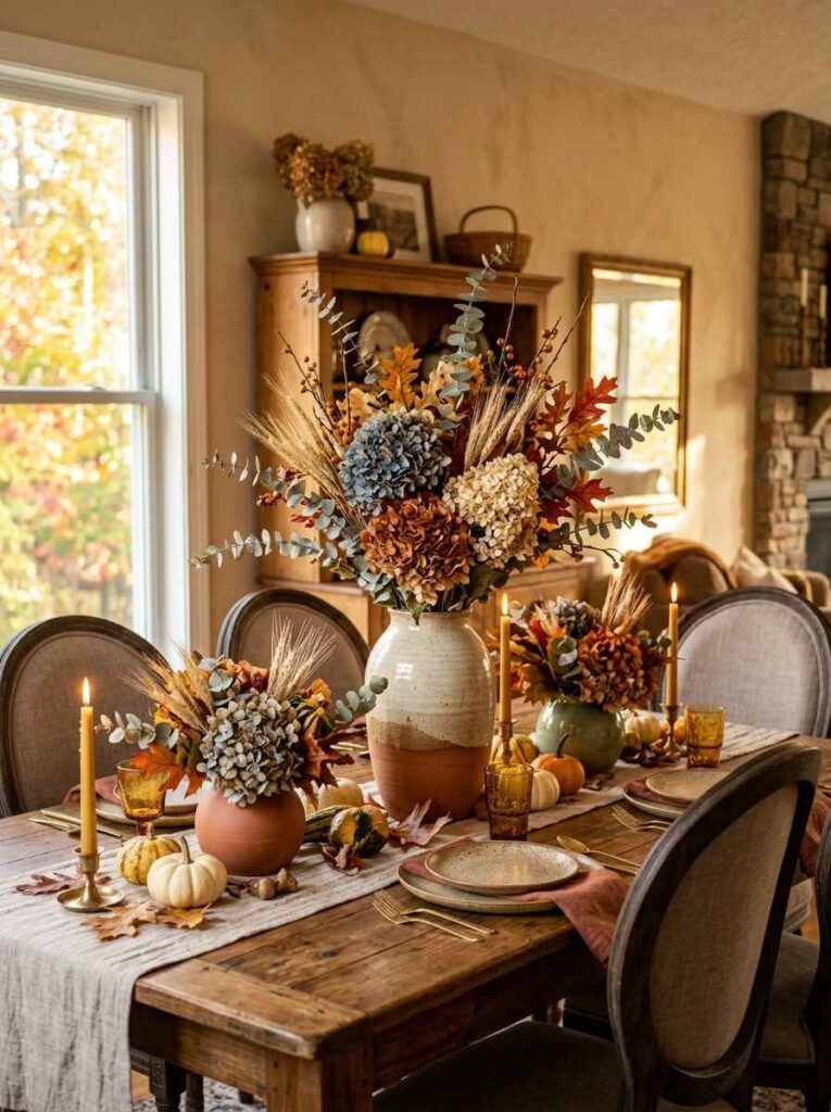 Ceramic pitchers holding dried fall hydrangeas, wheat stalks, and eucalyptus on a rustic dining table.