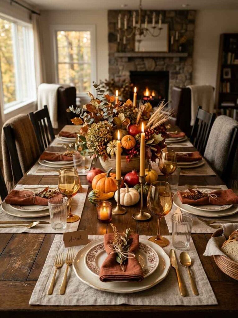 Elegant fall dining table set for guests with personalized place cards, amber wine glasses, rust linen napkins, and stone fireplace.