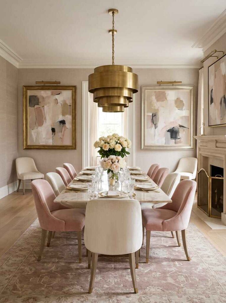Elegant formal dining room featuring two oversized framed abstract paintings with brass picture lights and a tiered chandelier.