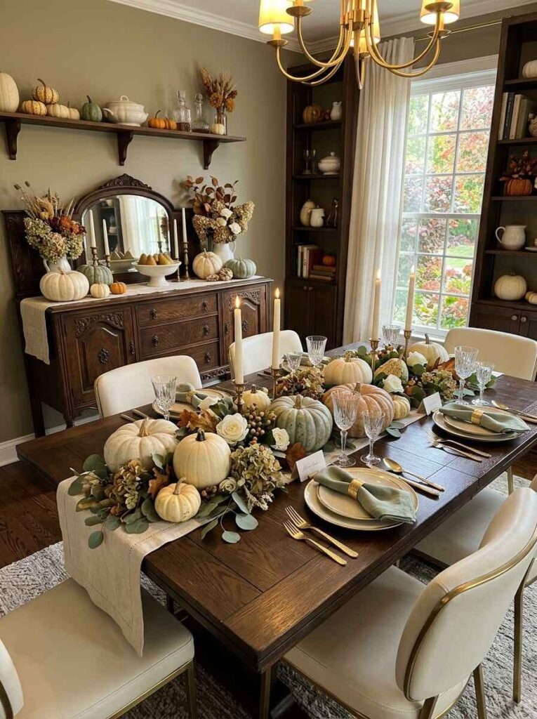 Elegant dining table and sideboard decorated with heirloom white, cream, and sage green pumpkins.