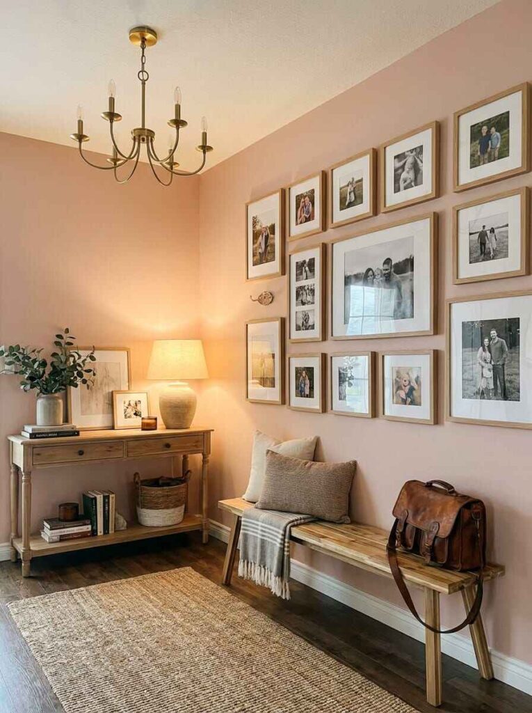 Cozy entryway with a wooden bench, brass chandelier, and a large organized gallery wall of framed family photographs.