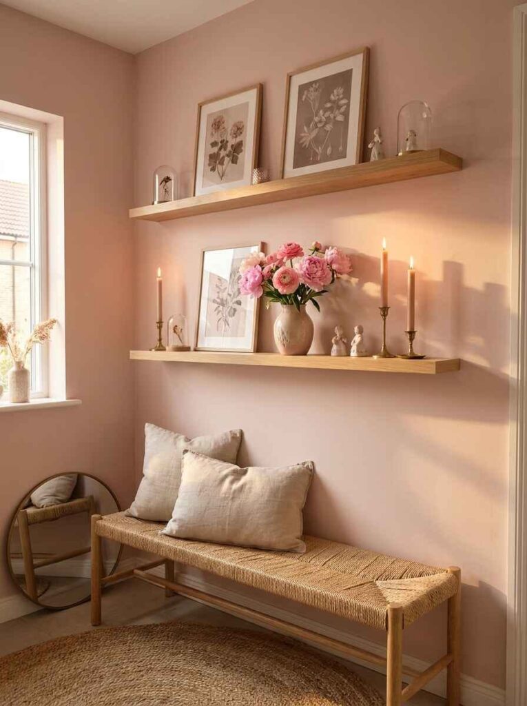 Two natural wood floating shelves holding framed art and candles above a woven entryway bench in a blush pink foyer.
