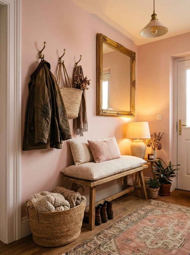 Warm pink entryway with brass coat hooks, antique gold framed mirror, rustic wood bench, and textured runner rug.