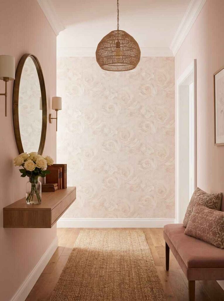 Warm entryway hallway featuring subtle floral accent wallpaper, a floating wooden shelf with mirror, and woven pendant light.