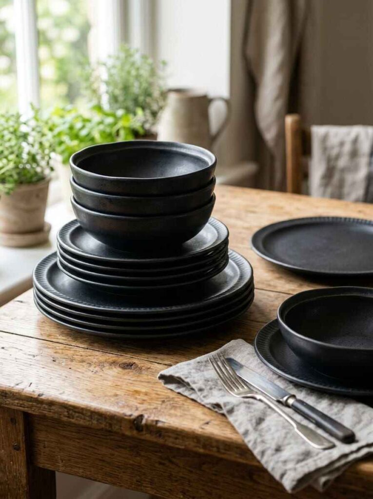 Modern matte black stoneware dinnerware set featuring stacked dinner plates, salad plates, and cereal bowls on a wooden table.