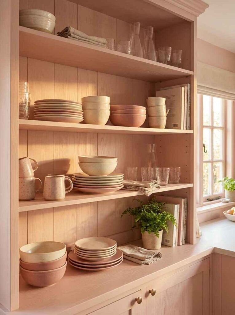 Built-in pale wood kitchen hutch displaying stacked ceramic plates, pastel bowls, glassware, and small potted fern.