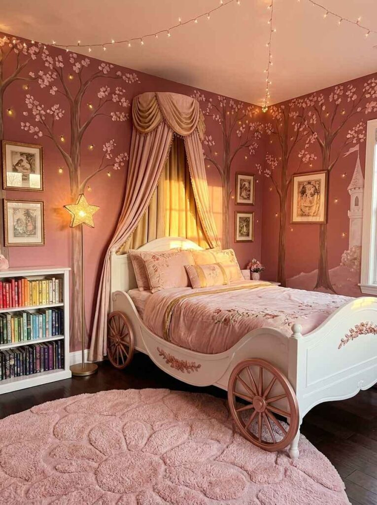 Themed fairytale kids bedroom featuring a white carriage bed with rose gold wheels, crown fabric canopy, and painted forest mural.